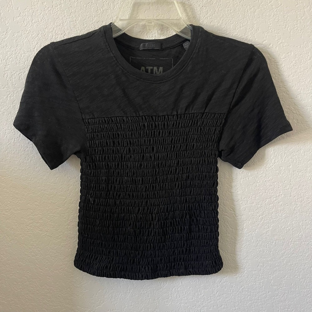ATM Anthony Thomas Melillo Smocked Tee Top Stretch Black‎ T-Shirt S/P